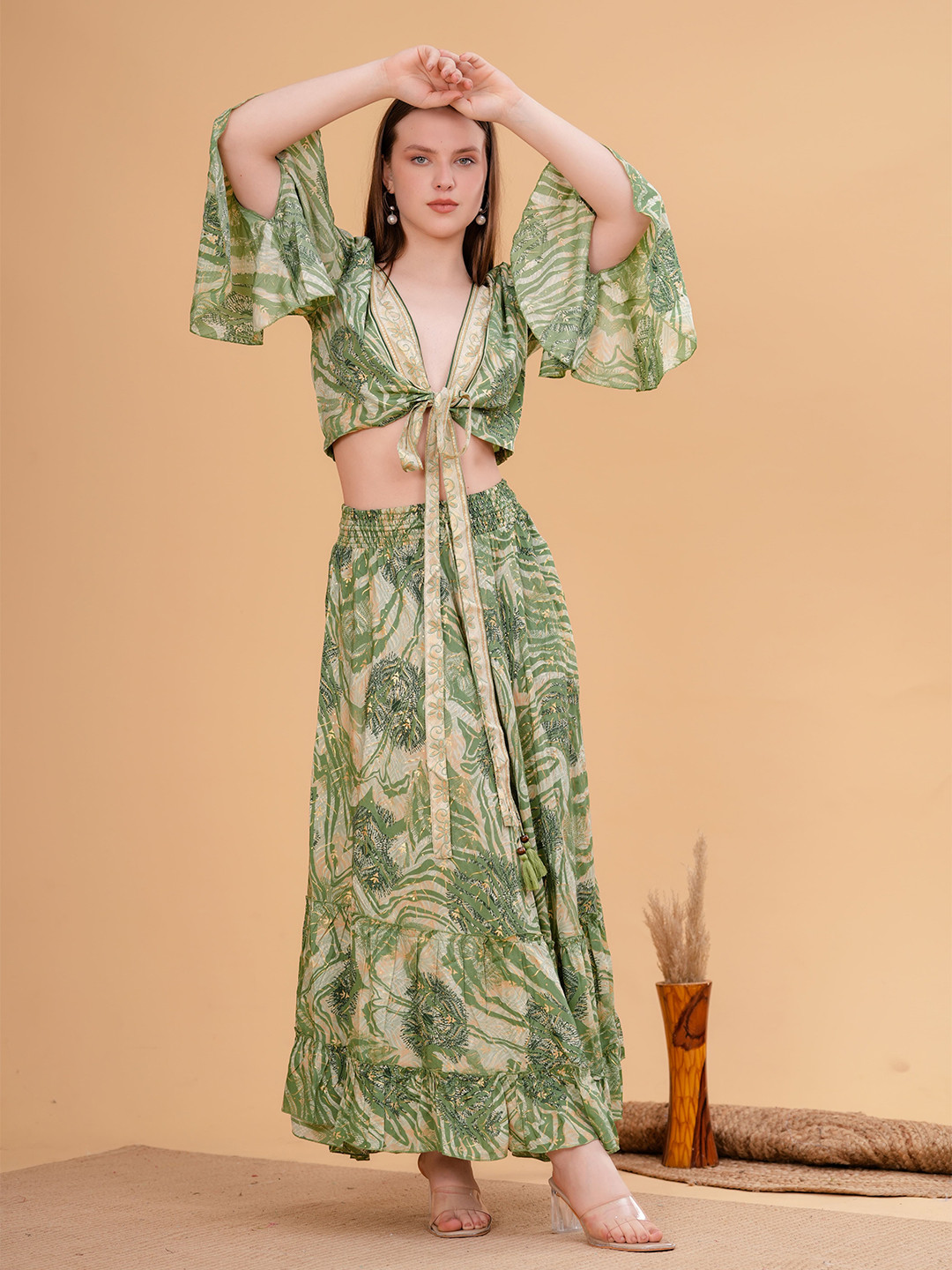 Sencei Digital Printed Ruffle Sleeve Wrap Top & Skirt