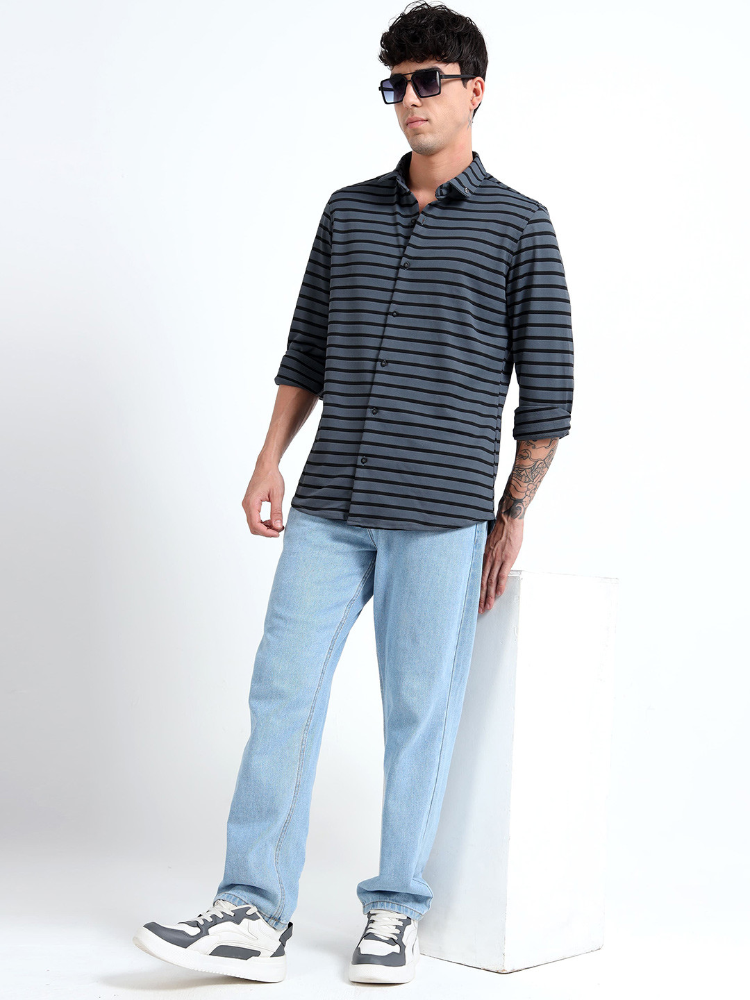 Mystery Of Fashion Men Classic Horizontal Stripes Striped Casual Shirt