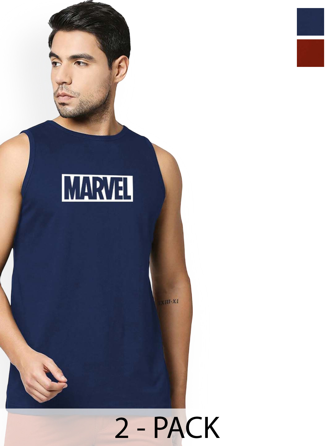 Organic Chics Pack Of 2 Printed Cotton Tank Vests Navy Marvel - Maroon Infinity_S