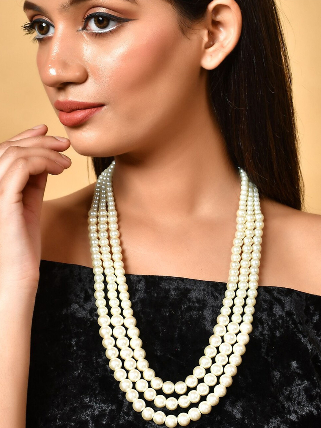 MANSIYAORANGE Gold-Plated Premium Quality Pearls Beaded Three Layered Necklace
