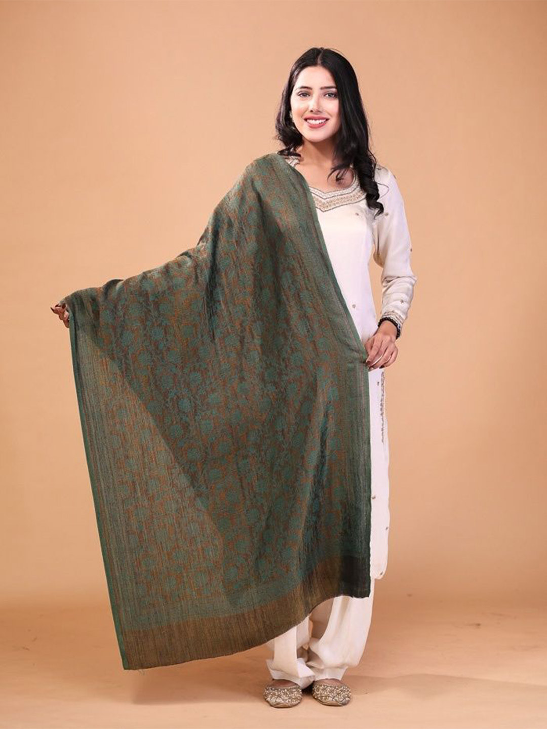 THE SHAWL STUDIO Women Zari Flower Reversible Kani Stole Green