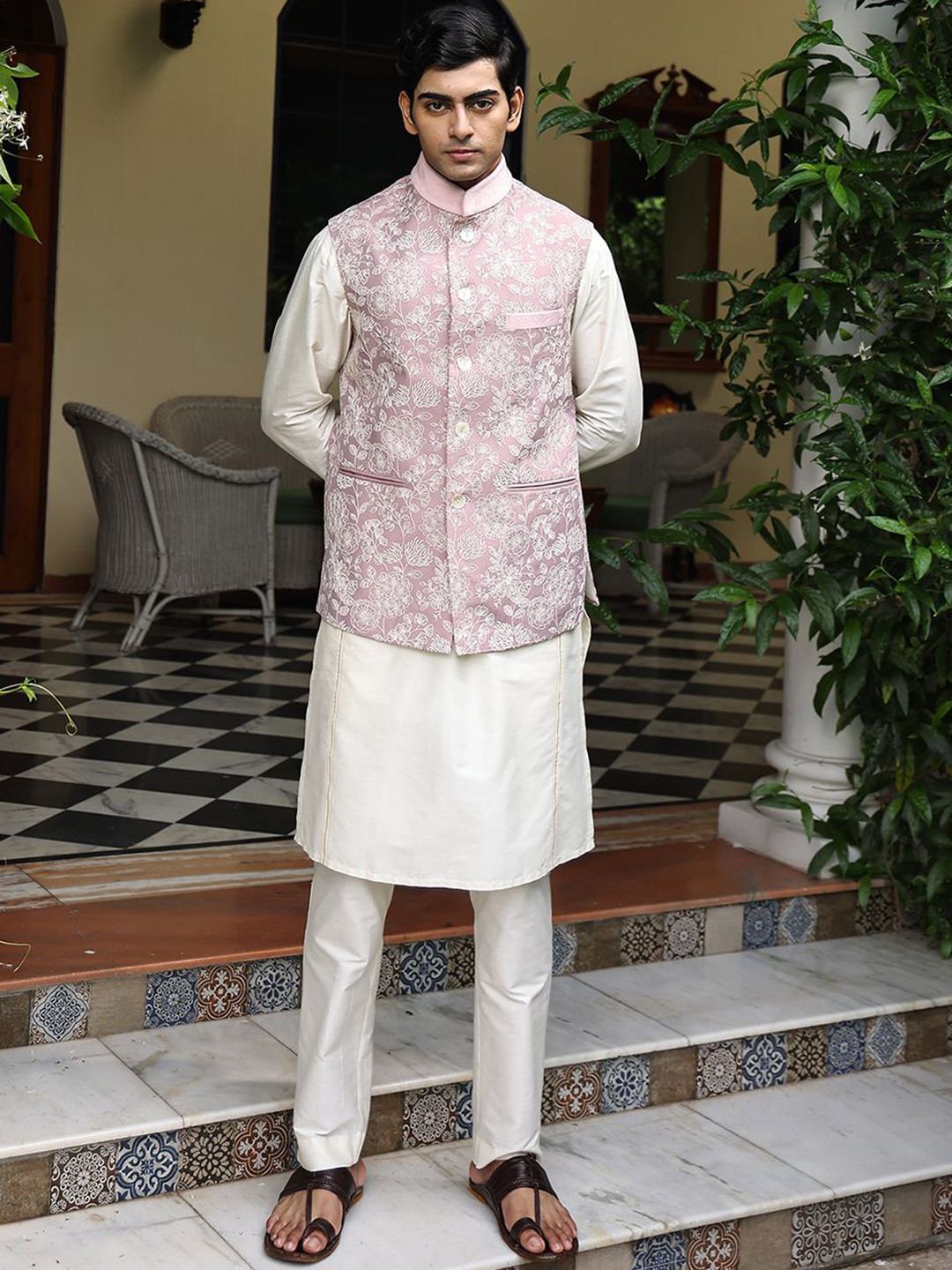 PATR Katan Embroidered Bundi  Woven Nehru Jacket