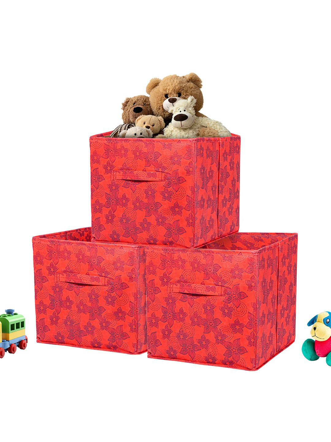 Kuber Industries Red & Blue 3 Pieces Floral Printed Storage Box Multi-Utility Organisers