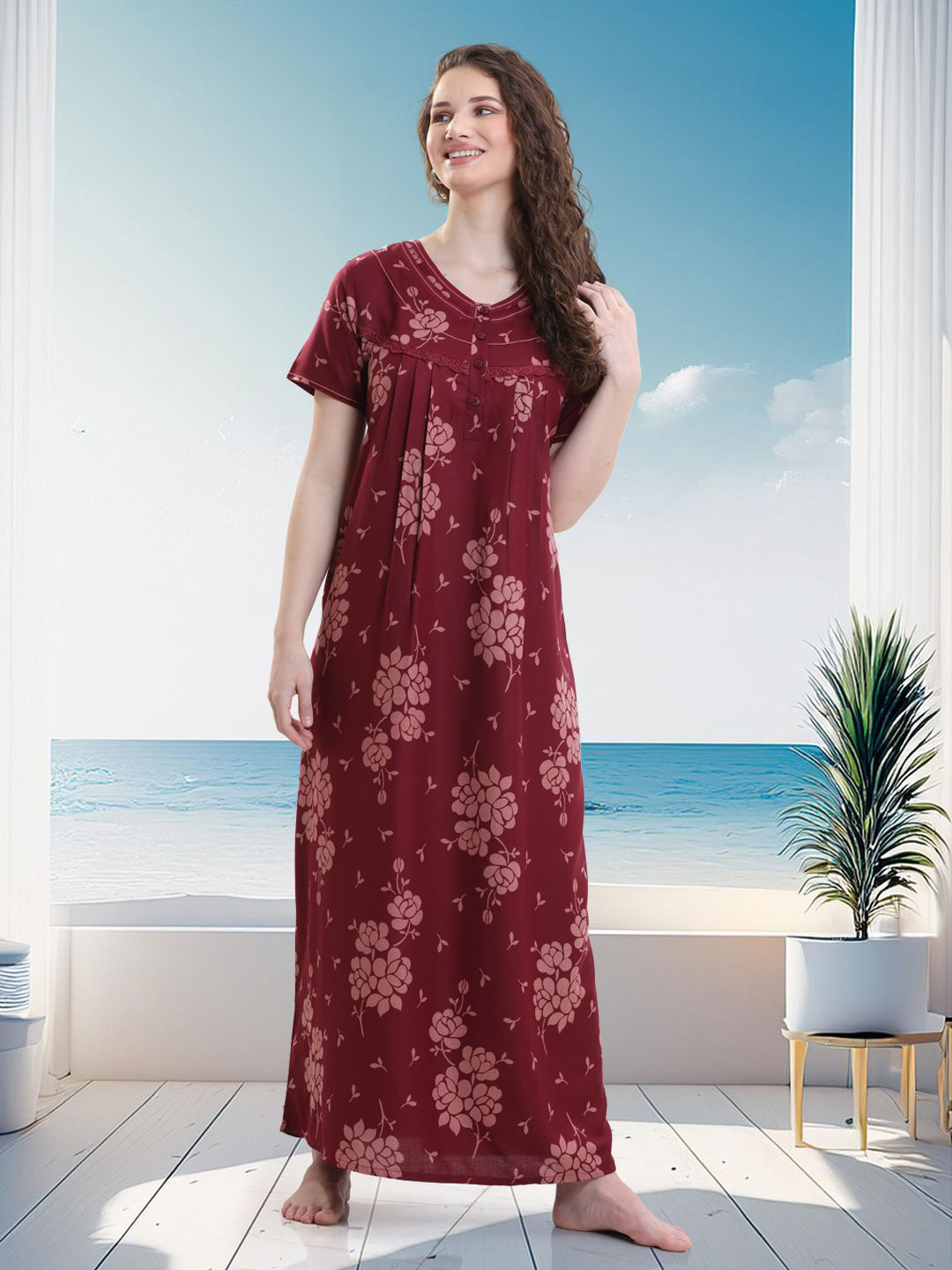 QUIRA Women Floral Printed Maxi Nightdress