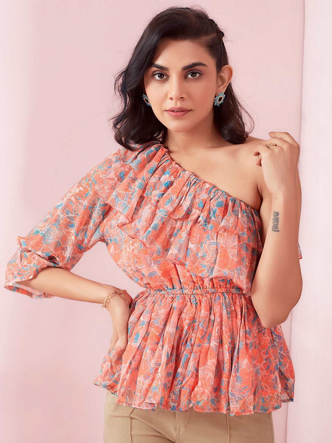 ASILYN Floral Print One Shoulder Bell Sleeves Chiffon Peplum Top