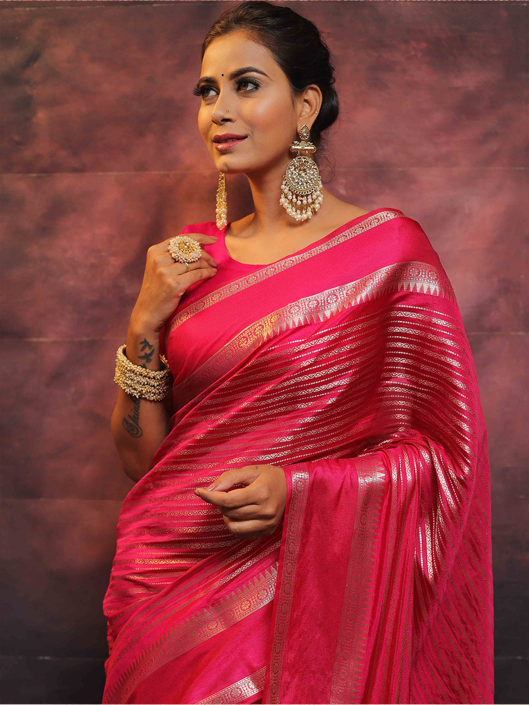 Banarasee Handwoven Semi Silk Saree With Stripes Design & Solid Border-Pink