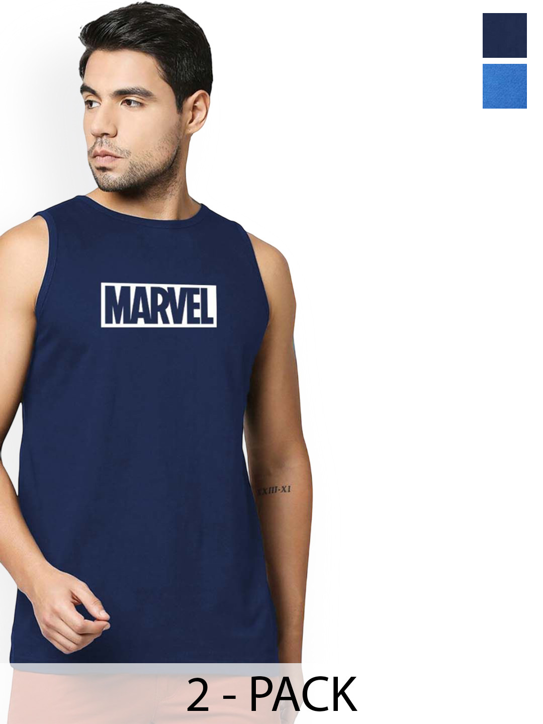 Organic Chics Pack Of 2 Printed Cotton Tank Vests Navy Marvel - Royal Punisher_S