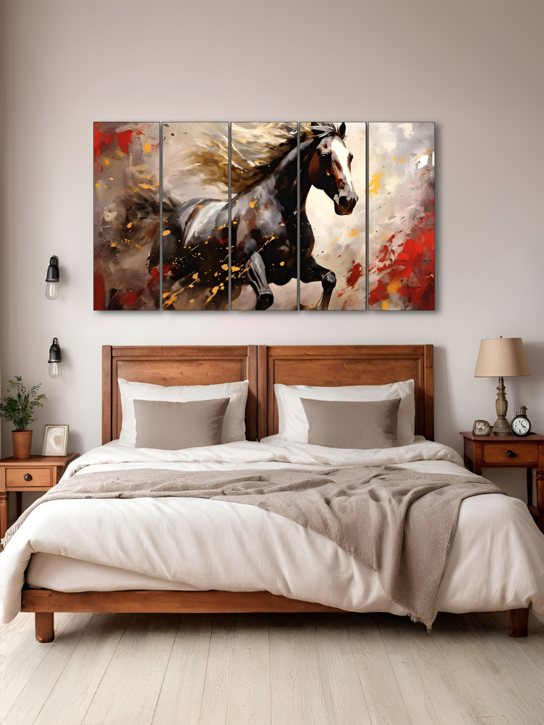 The Castle Decor Grey & Red 5 Pieces Horses Printed Wall Art