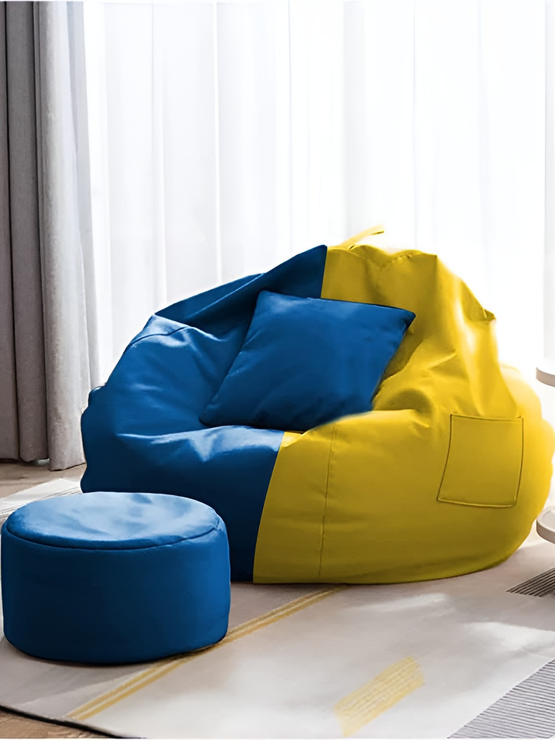 AARIJ MART Blue 3 Pieces Colourblocked Leather Bean Bag With Footrest & Cushion