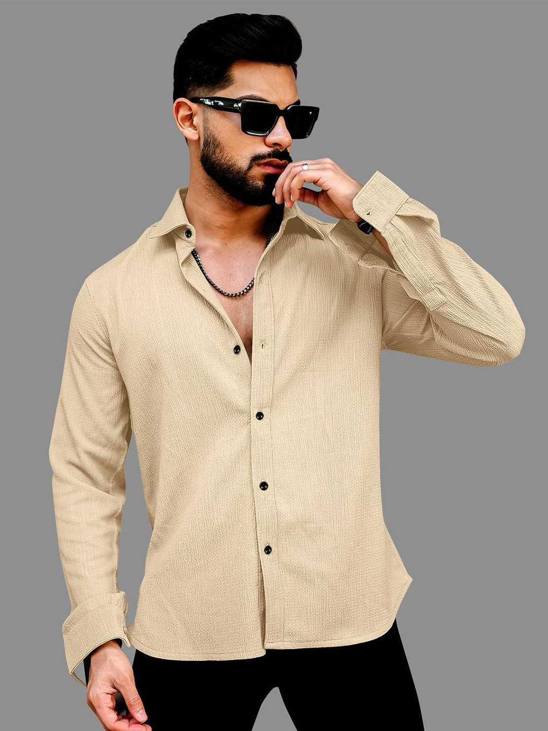 VORTEX Men Original Fit Textured Spread Collar Casual Shirt