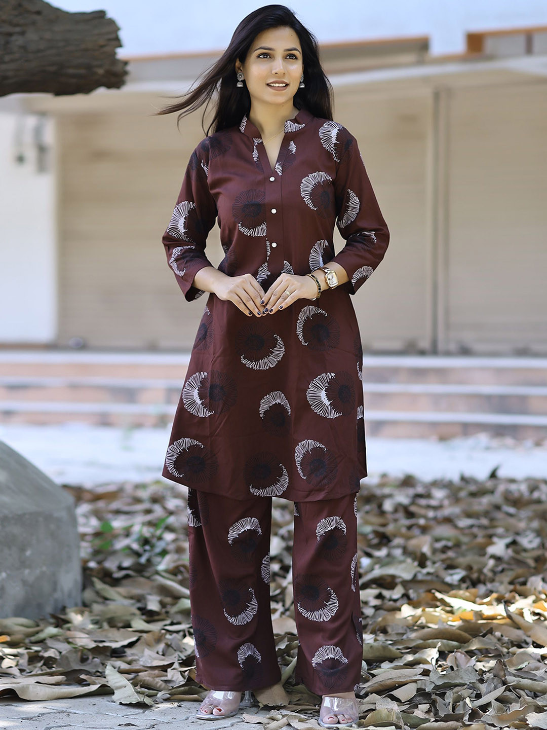 MOJILAA Sunflower Printed Mandarin Collar Tunic With Palazzos