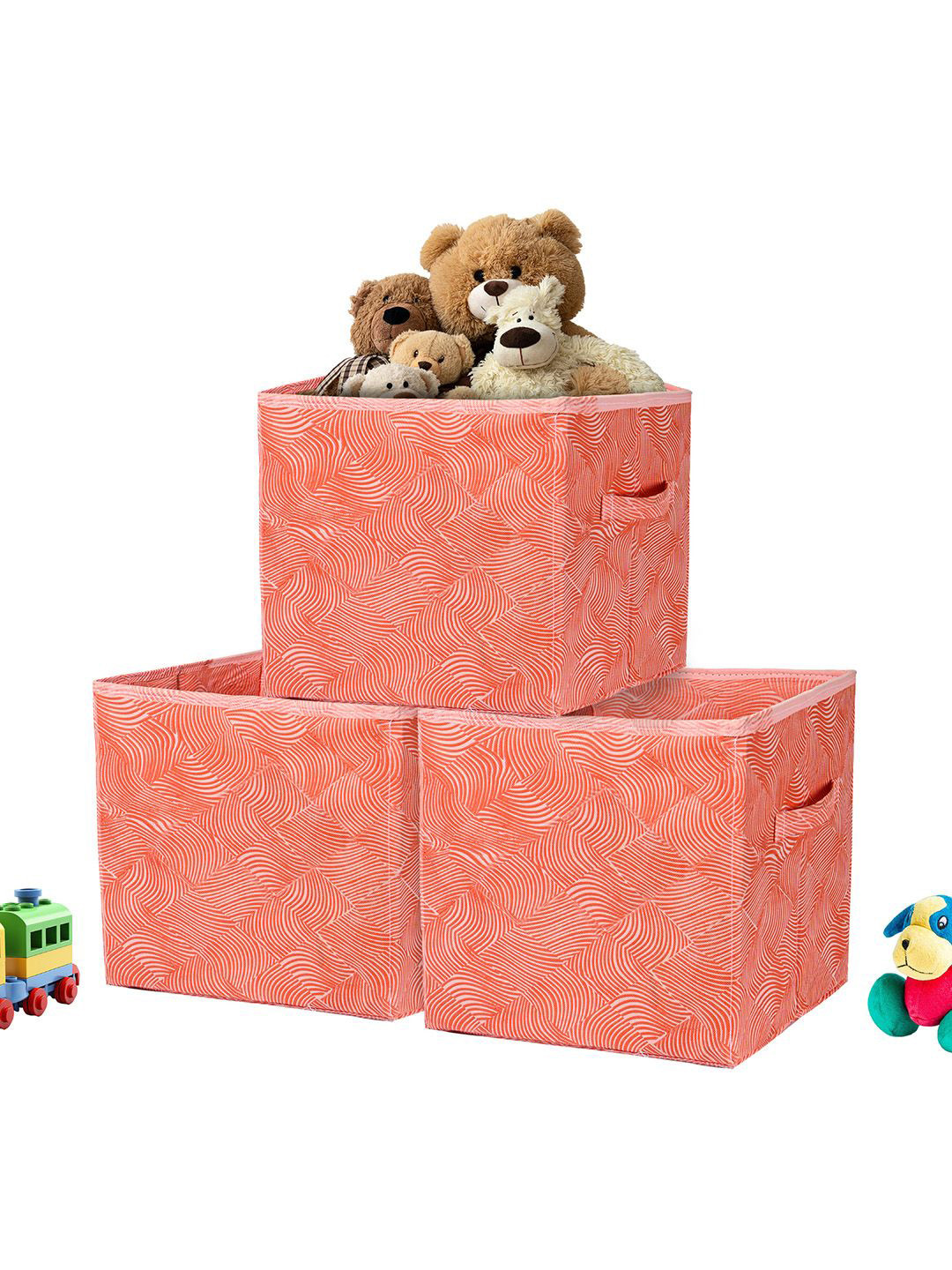 Kuber Industries Orange & White 3 Pcs Zig Zag Printed Storage Box Multi-Utility Organisers