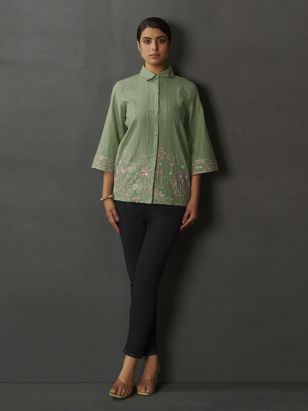 Anouk Women Solid Embroidered Thread Work Pure Cotton Panelled Kurti
