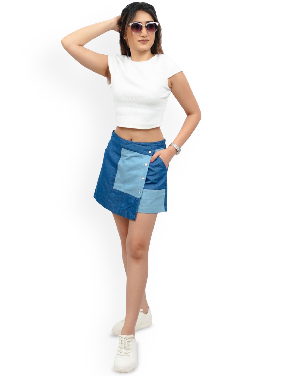 BELLO DONA CLOTHING Color-Blocked Denim Mini Skorts