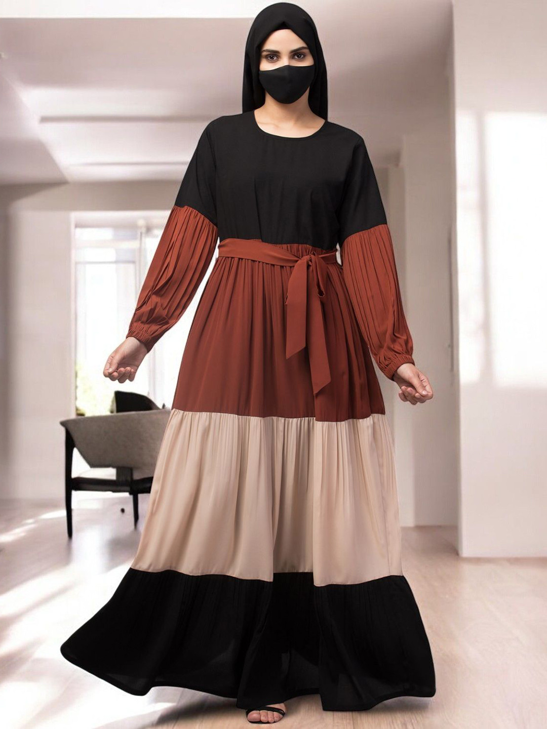 BASHARIYA Colour Blocked Multi-Tiered Abaya Dress