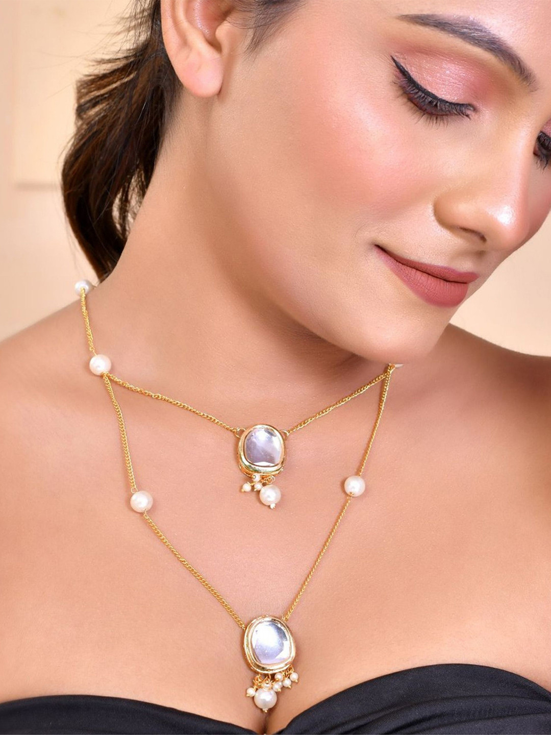 MANSIYAORANGE Gold-Plated Kundan Studded & Premium Quality Pearls Beaded Layered Chain