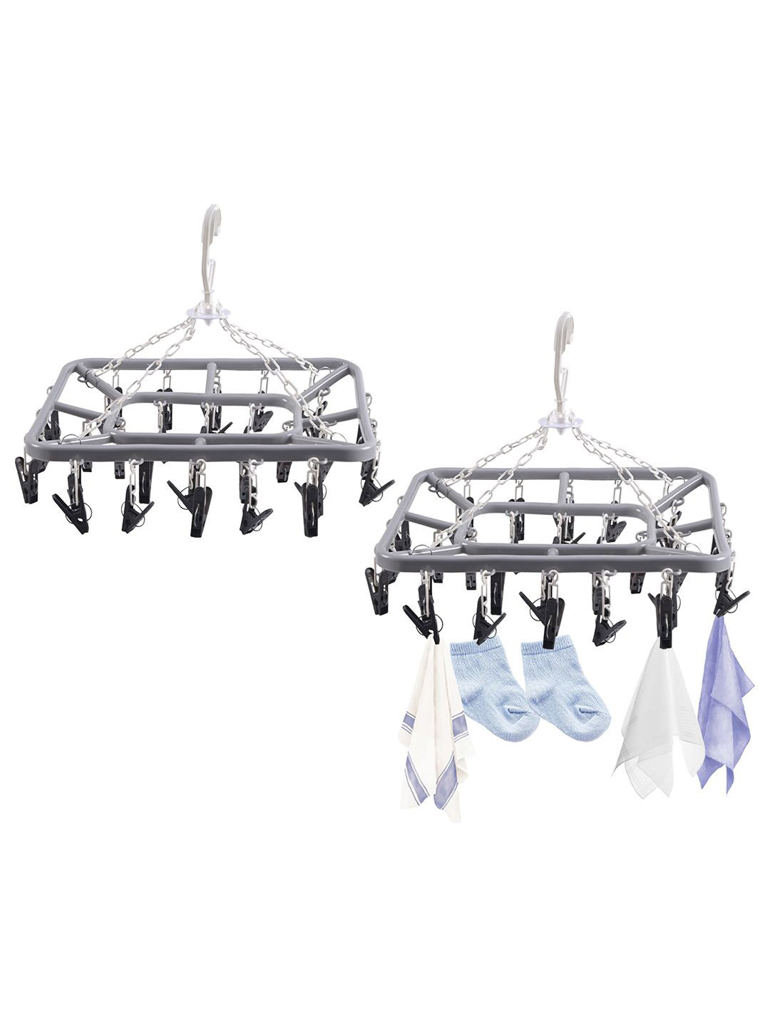 Kuber Industries Grey & Black 2 Pieces 360 Rotating 32 Clips Hangers for Drying Clothes