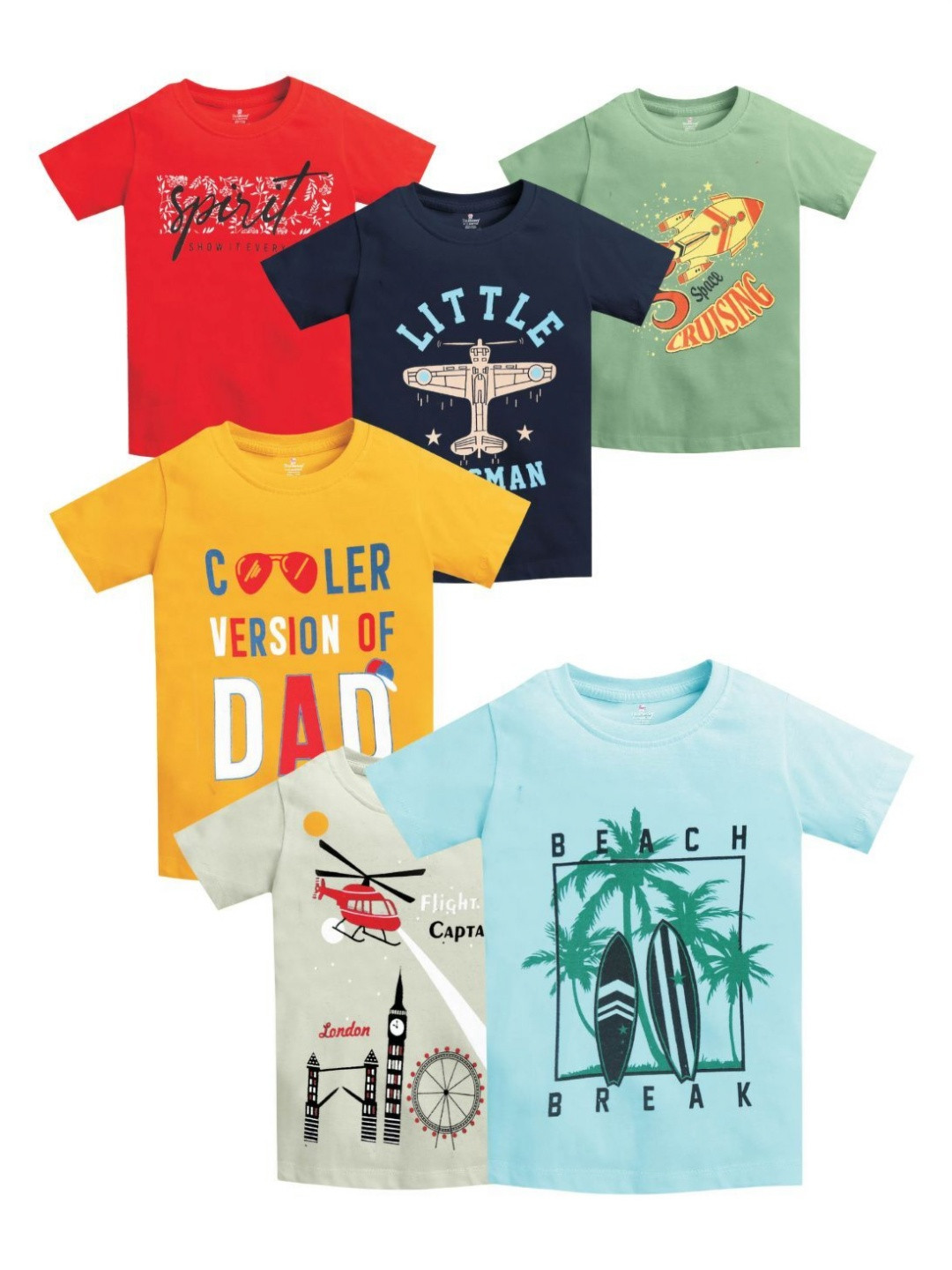 MM Impex Kids Pack of 6 Graphic Printed Round Neck Cotton T-shirts