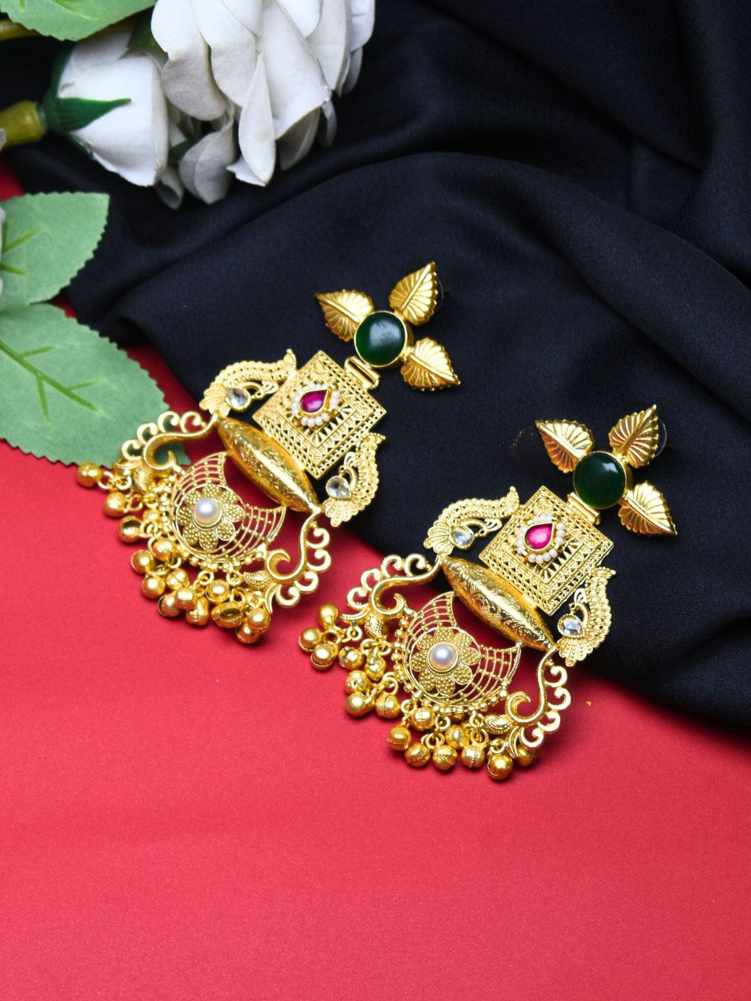 J & C Fashion Arena Gold Plated Stone Studded And Beaded Geometric Chandbalis