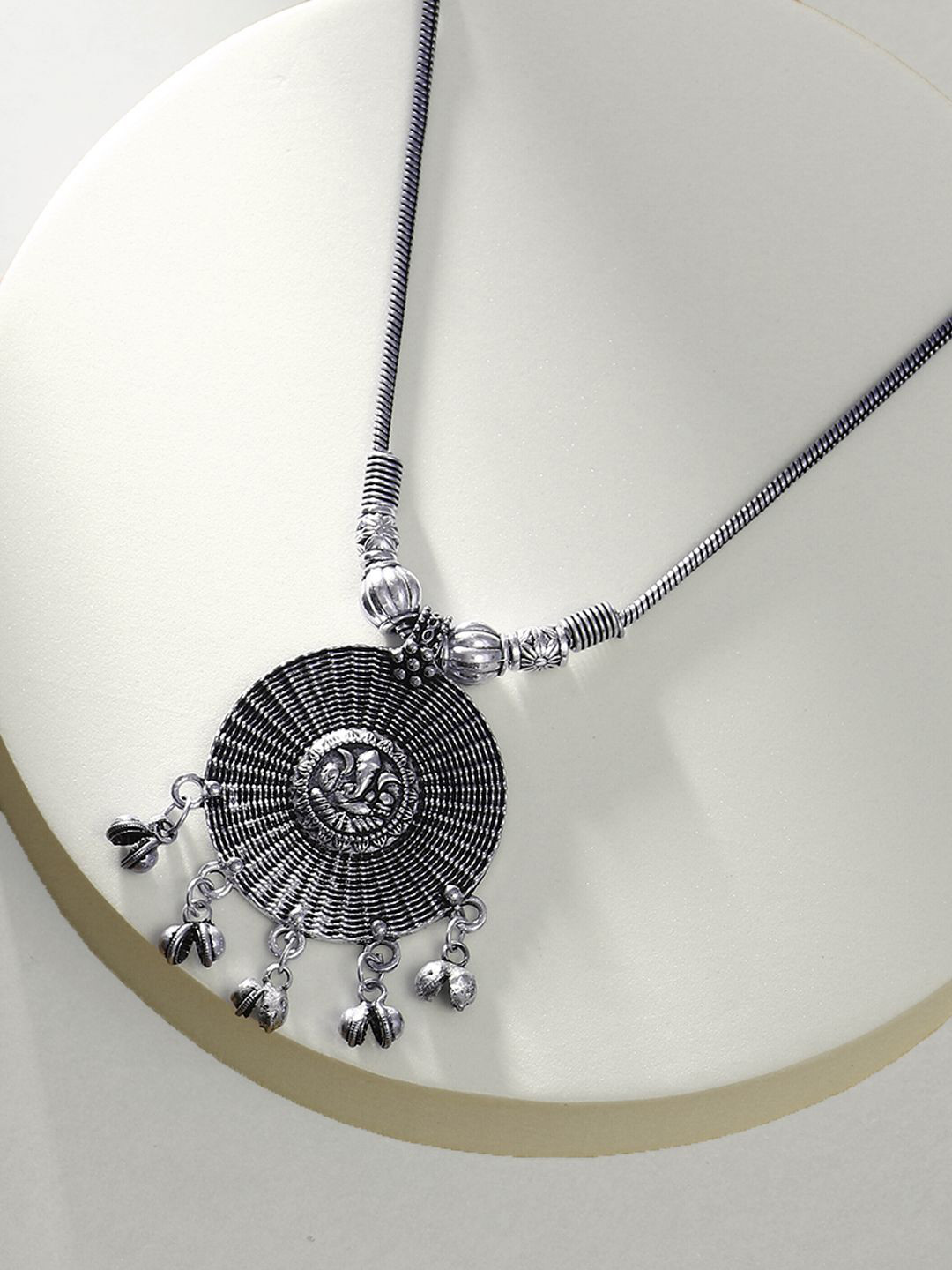 Sangria Silver Plated Ganpati Temple Pendant Necklace and Chains