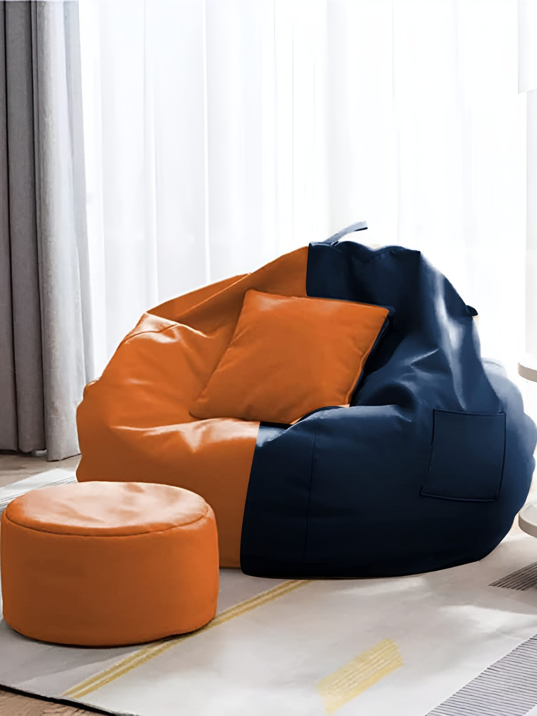 AARIJ MART 3-Pcs Navy Blue & Orange-Colored Bean Bag With Footrest & Cushion