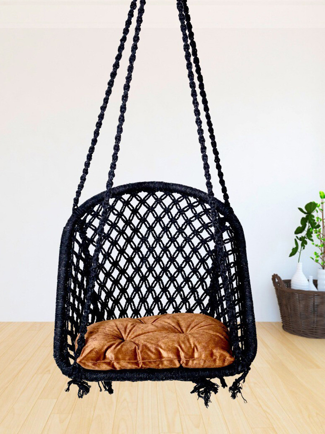 Patiofy Black & Brown Cotton D-Shaped Comfortable Hammock Swing Chair With Cushion