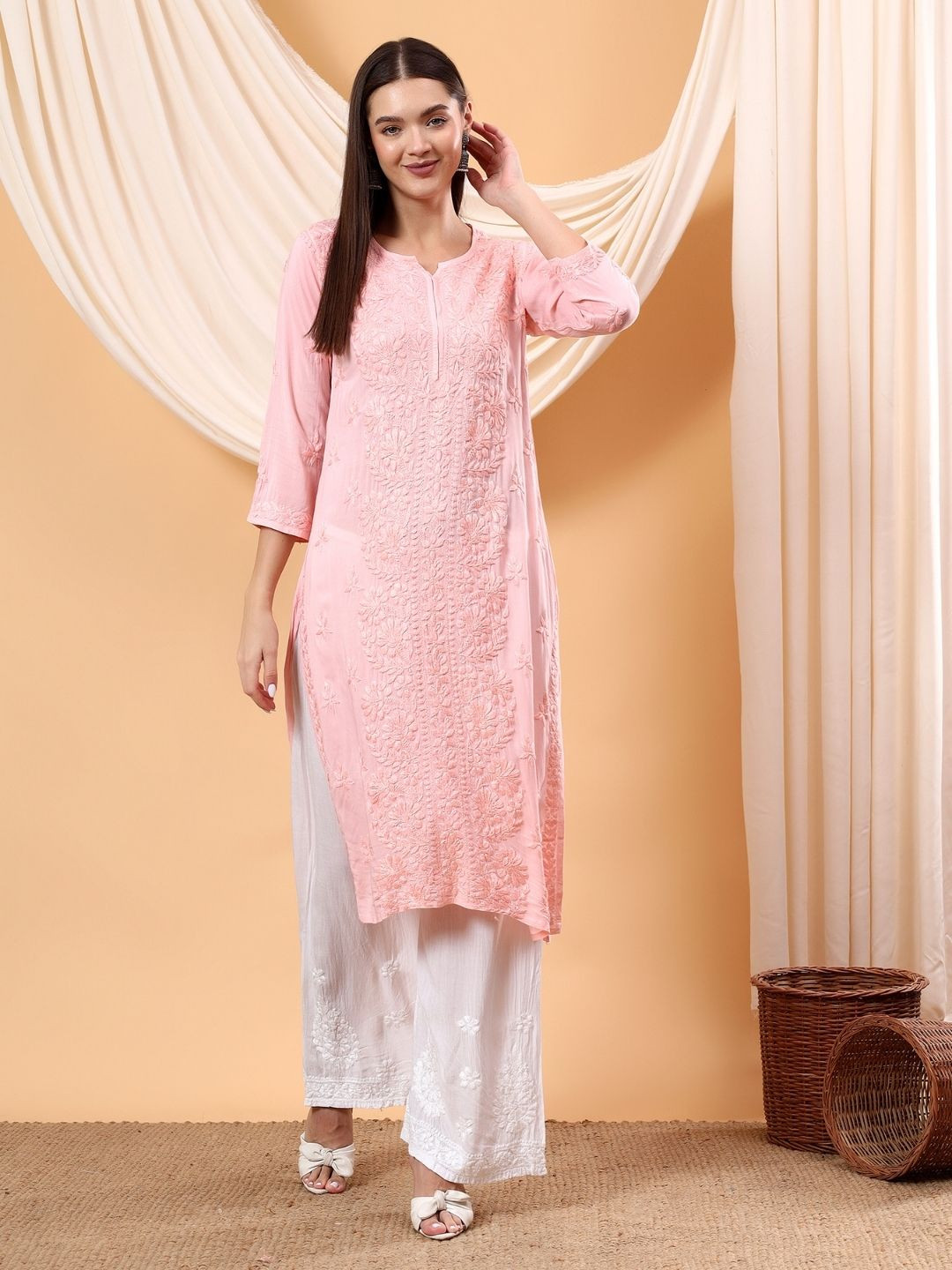 Poshak Chikan Studio Floral Embroidered Notch Neck Chikankari Modal Straight Kurta