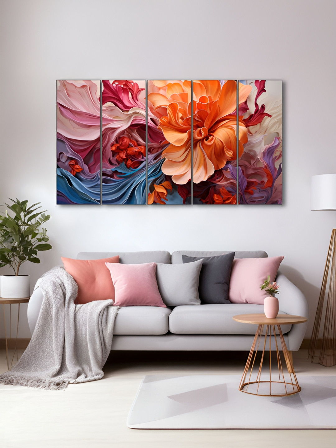 The Castle Decor Peach-Coloured & Blue 5 Pieces Floral Wooden Wall Art