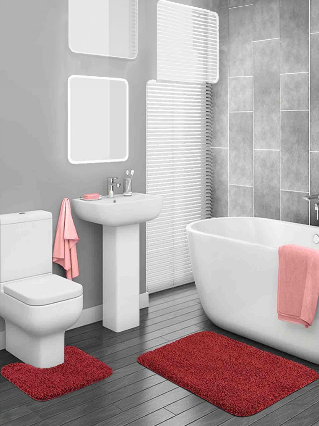 OBSESSIONS 2Pcs Red Anti-Skid 2000 GSM Bath Mats