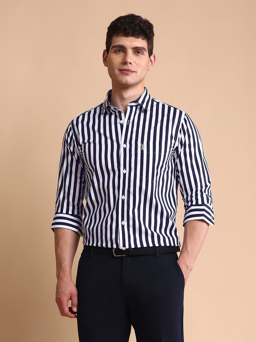 U.S. Polo Assn. Vertical Striped Opaque Pure Cotton Classic Tailored Fit Casual Shirt