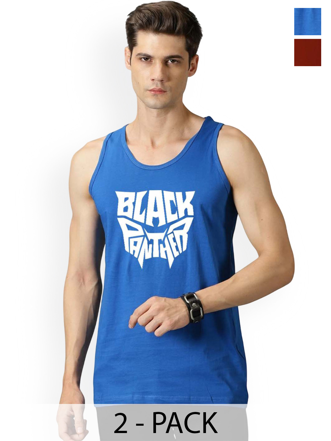 Organic Chics Pack Of 2 Printed Cotton Tank Vests Royal Panther - Maroon Deadpool_S