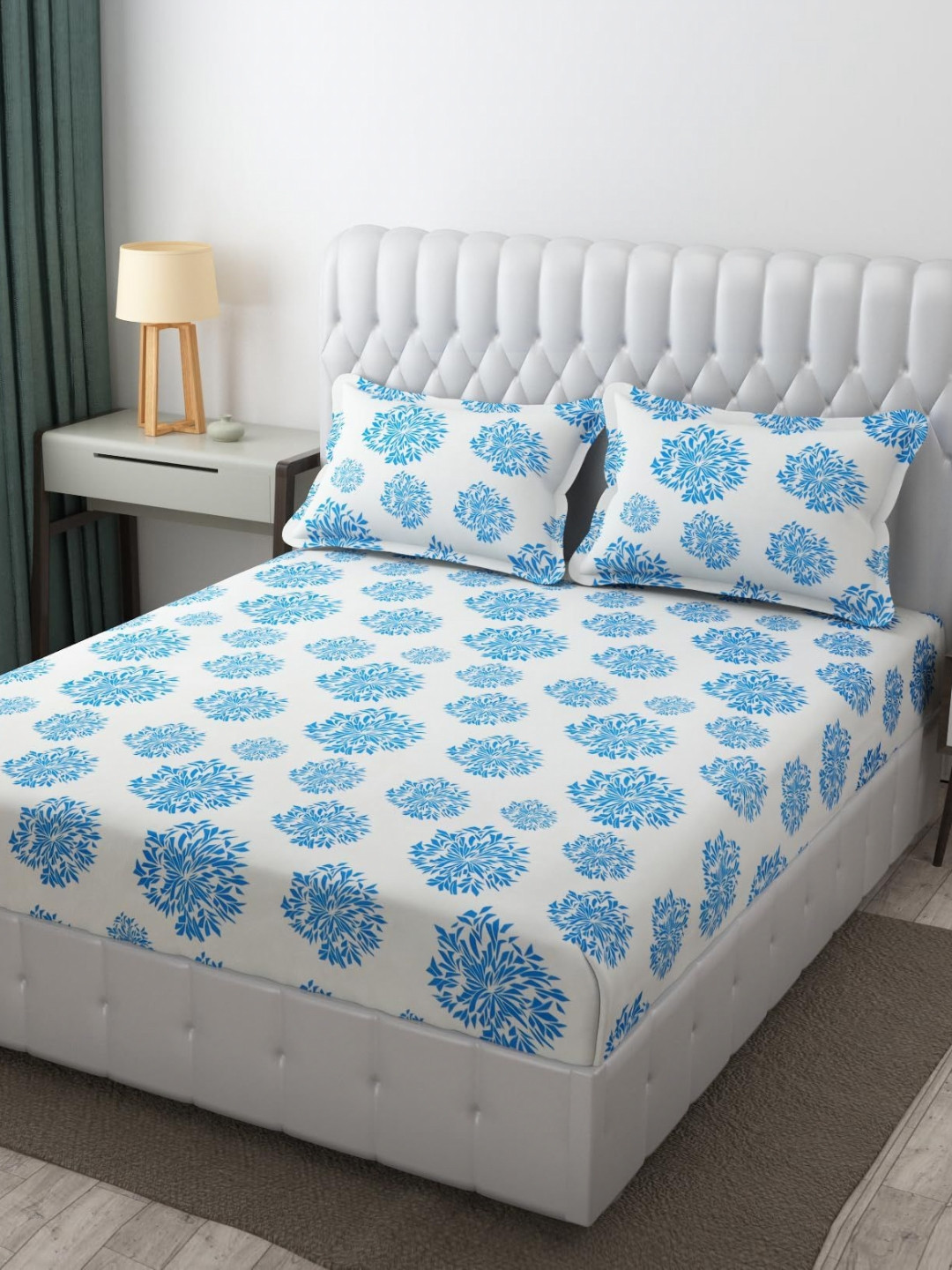 KIDS WONDERS Off White Floral Microfiber 160 TC Fitted King Bedsheet with 2 Pillow Covers-72 x 78 inches