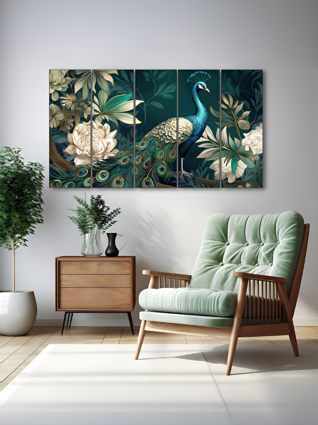 The Castle Decor Green & White 5 Pieces Wooden Birds Wall Art