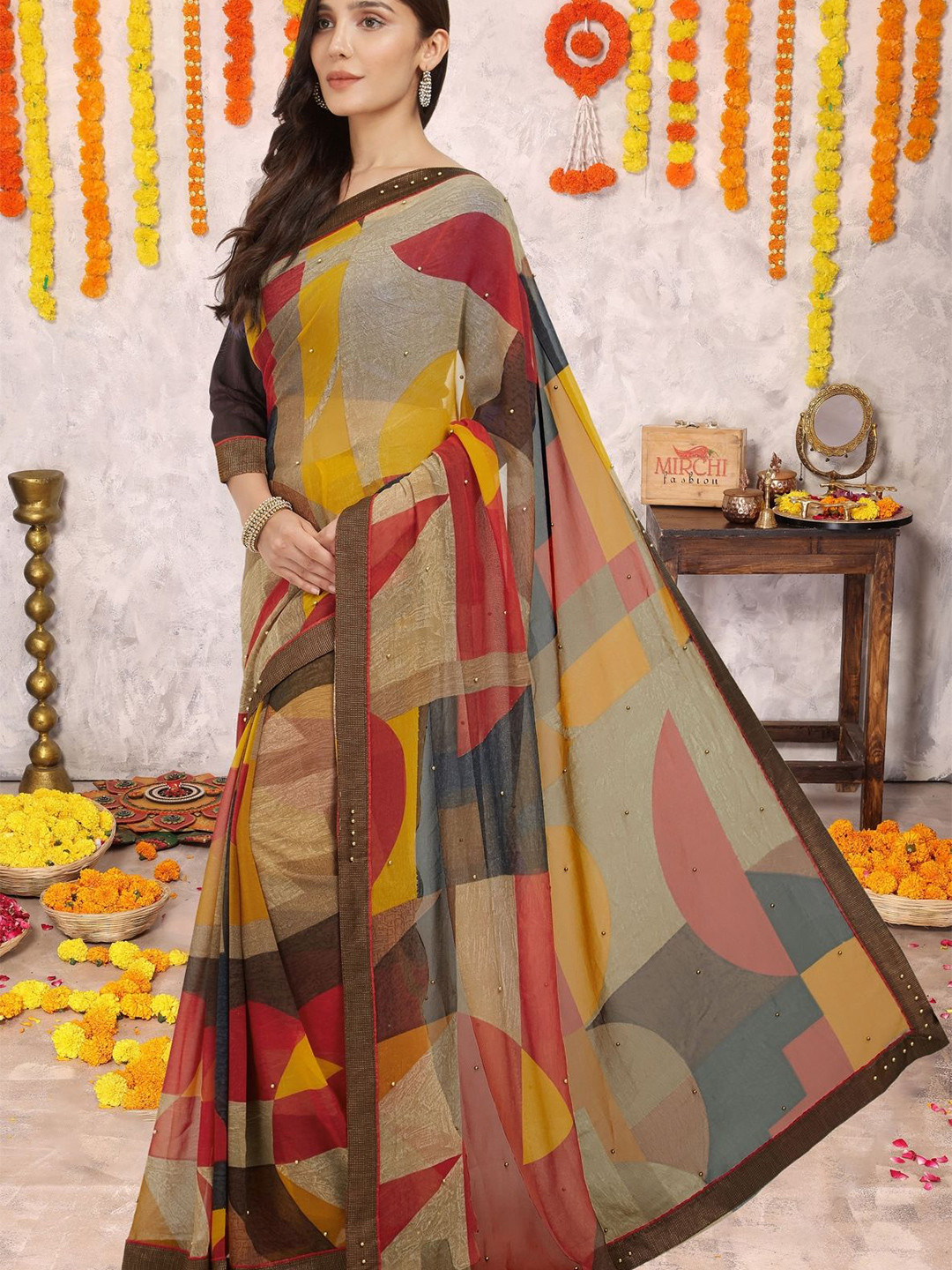 MIRCHI FASHION Geometric Printed Beads And Stones Ready to WearSaree