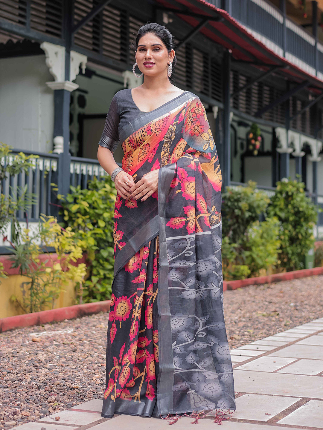 SGF11 Woven Design Zari Floral Printed Pure Linen Saree