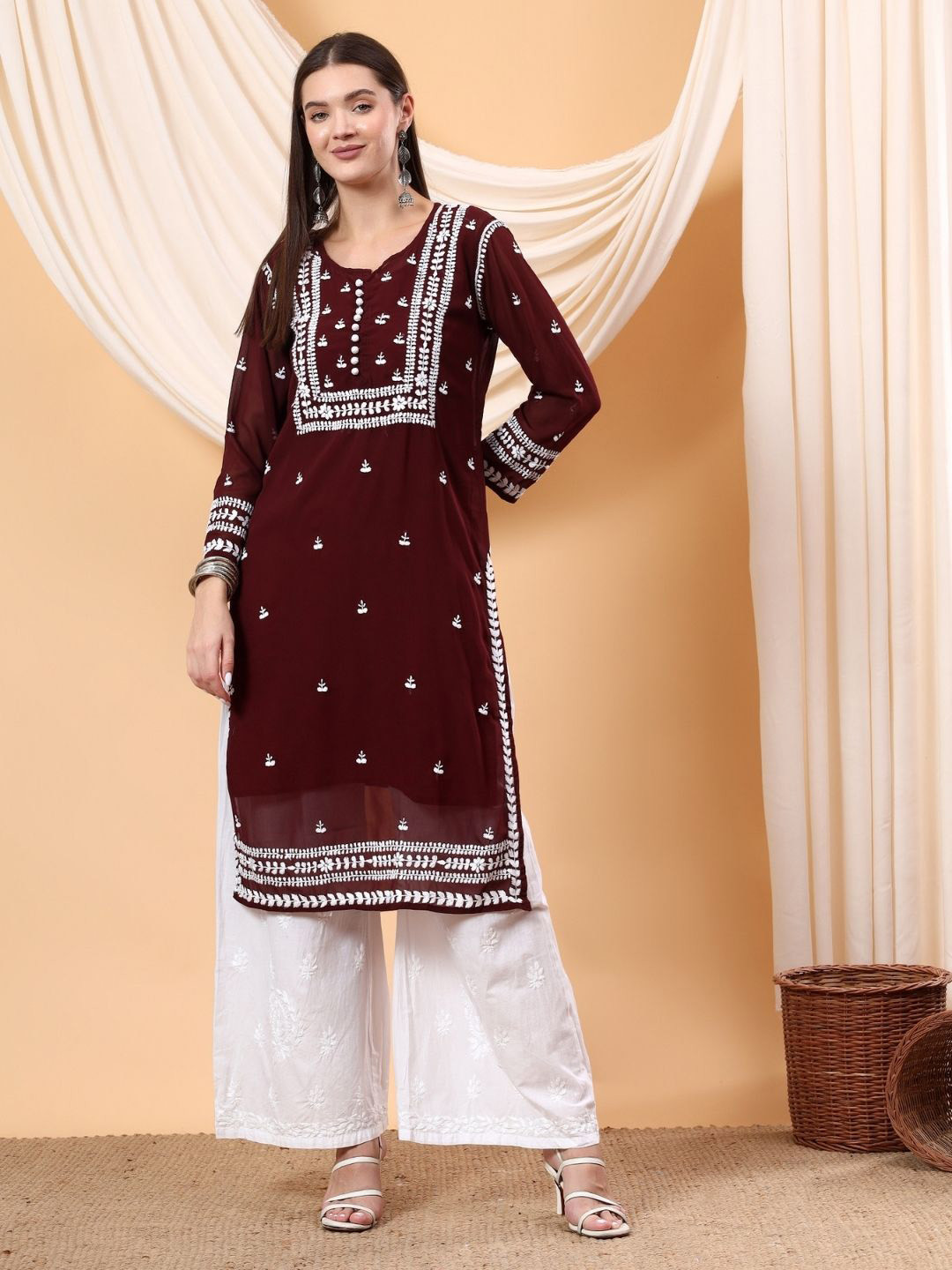 Poshak Chikan Studio Women Ethnic Motifs Embroidered Chikankari Summer Sheers Georgette Kurta