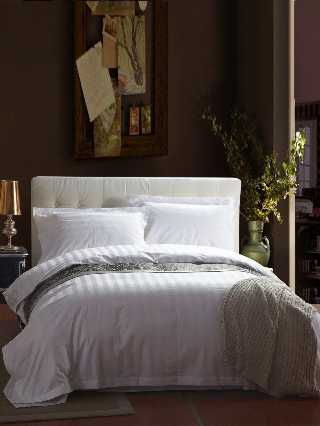 Lali Prints White Striped Cotton 220 TC Queen Fine Bedsheet with 2 Pillow Covers-100 x 108 inches