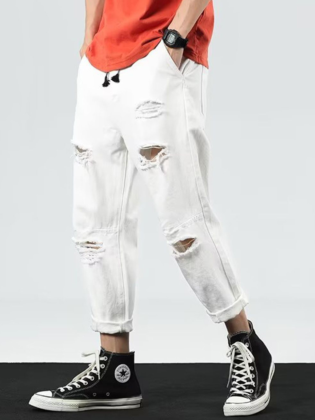 Mast & Harbour Men Regular Fit Mid-Rise Mildly Distressed Cropped Jeans
