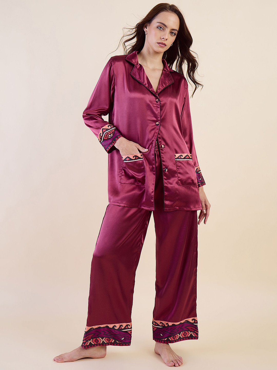 The Kaftan Company Women Jamies Lapel Collar Satin Night suit