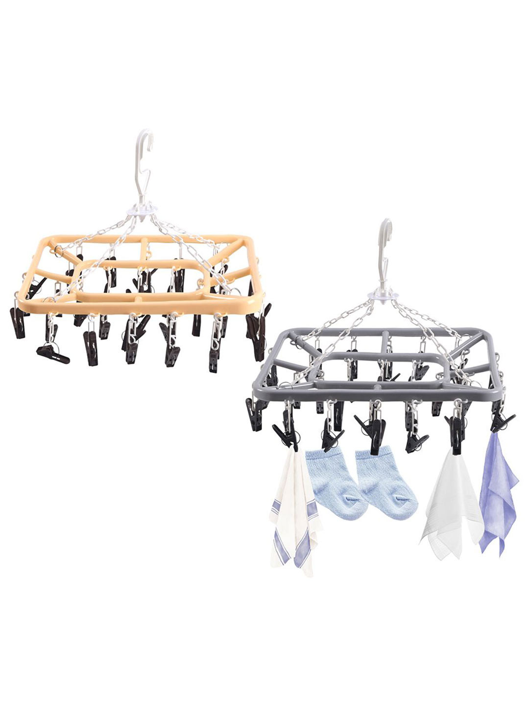 Kuber Industries Cream-Coloured 2 Pieces 360 Rotating 32 Clips Hangers for Drying Clothes