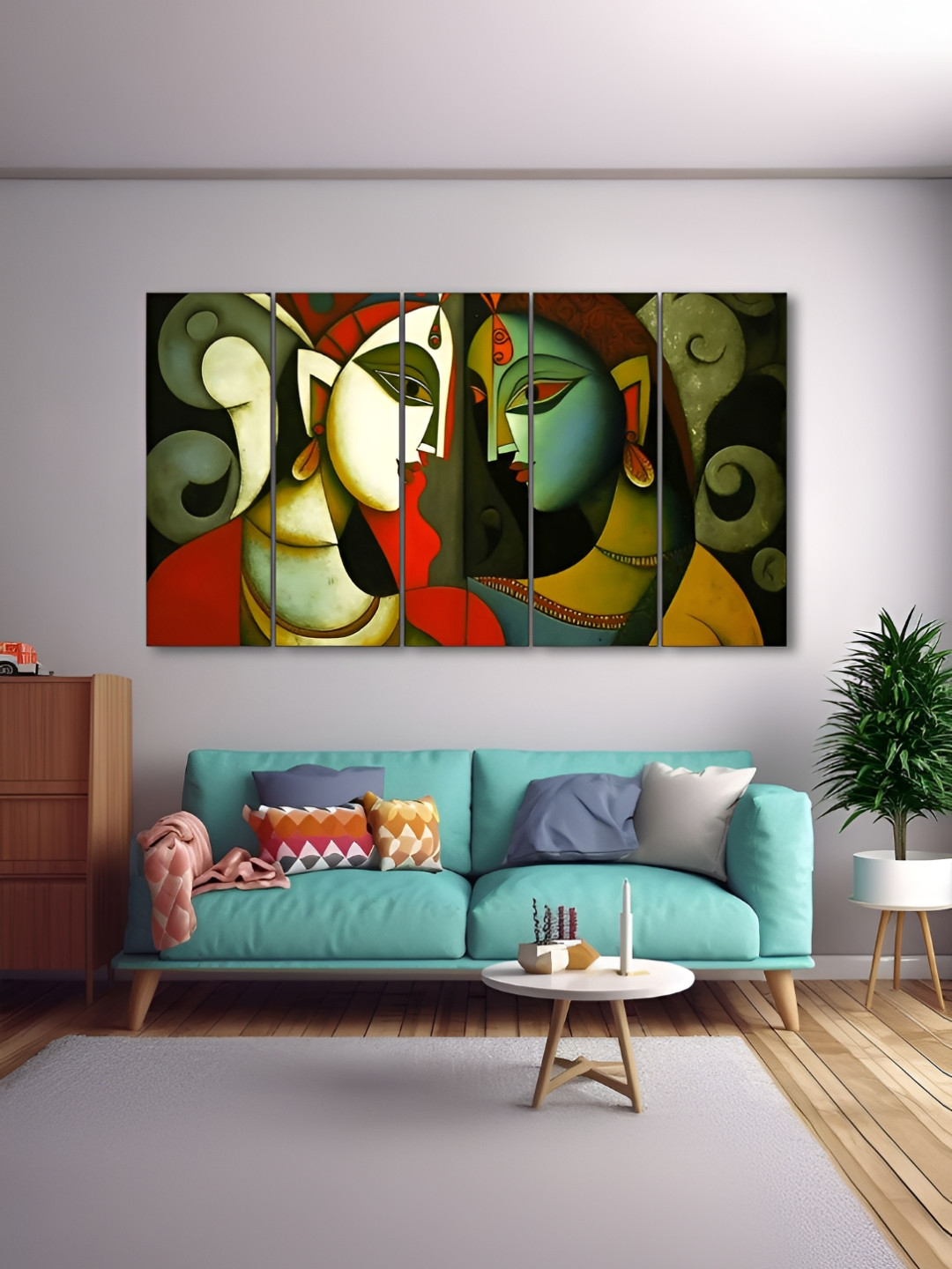 The Castle Decor Red & Green 5 Pieces Radha Krishna Religious Wooden Wall Arts