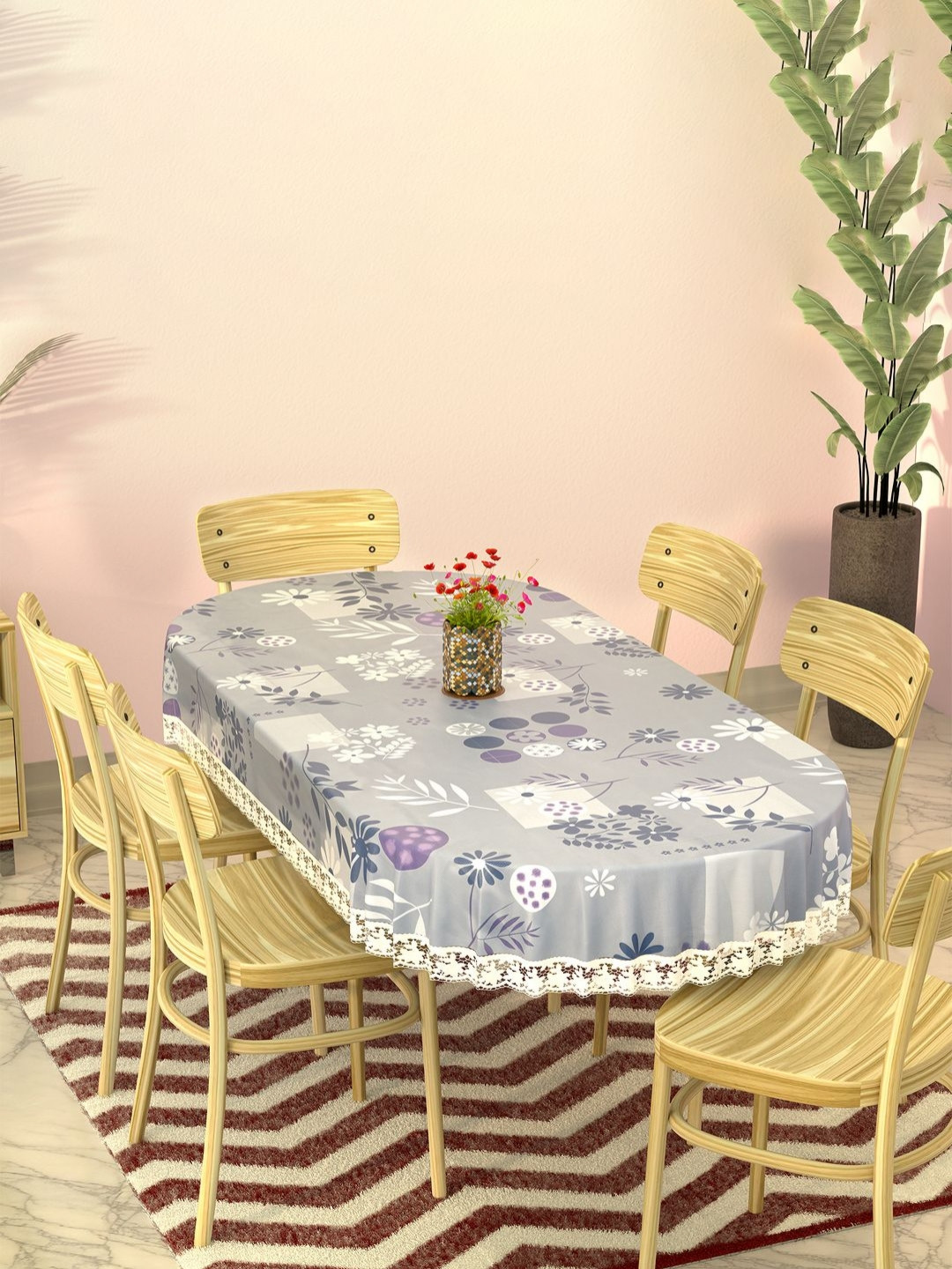 Myntra Elegant Homes Grey & Purple Floral Printed Oval 6-Seater Dining Table Cover