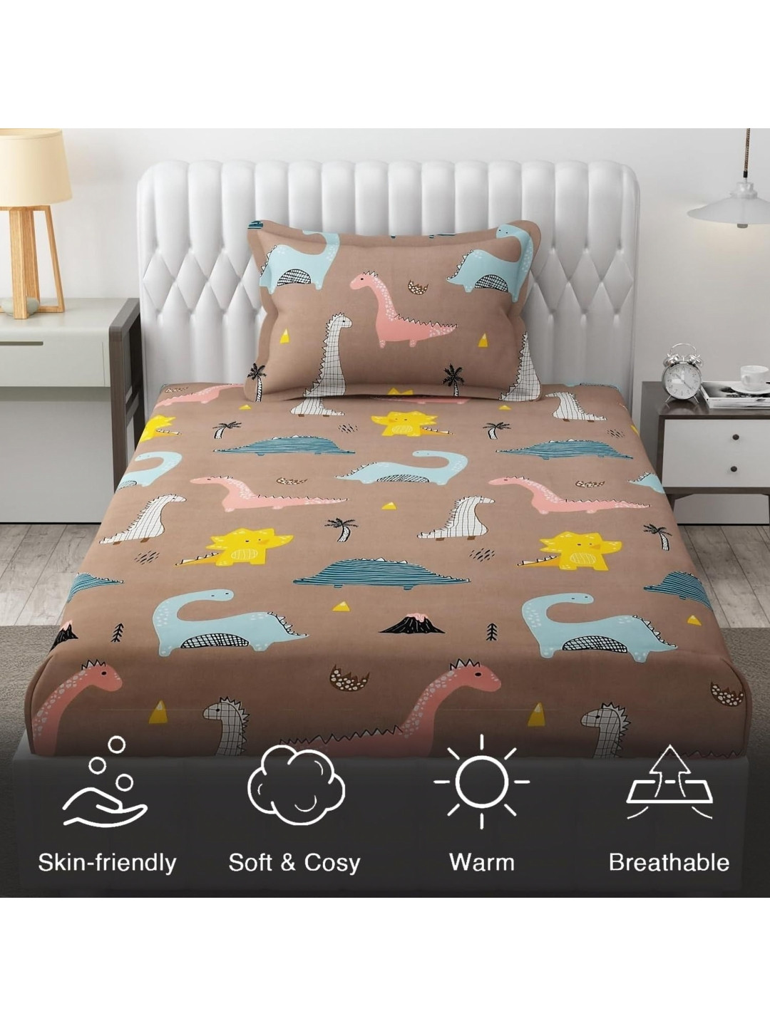 BEDROSE Little Stars Brown & Pink Cartoon Characters Printed 144 TC Single Bedsheet Set
