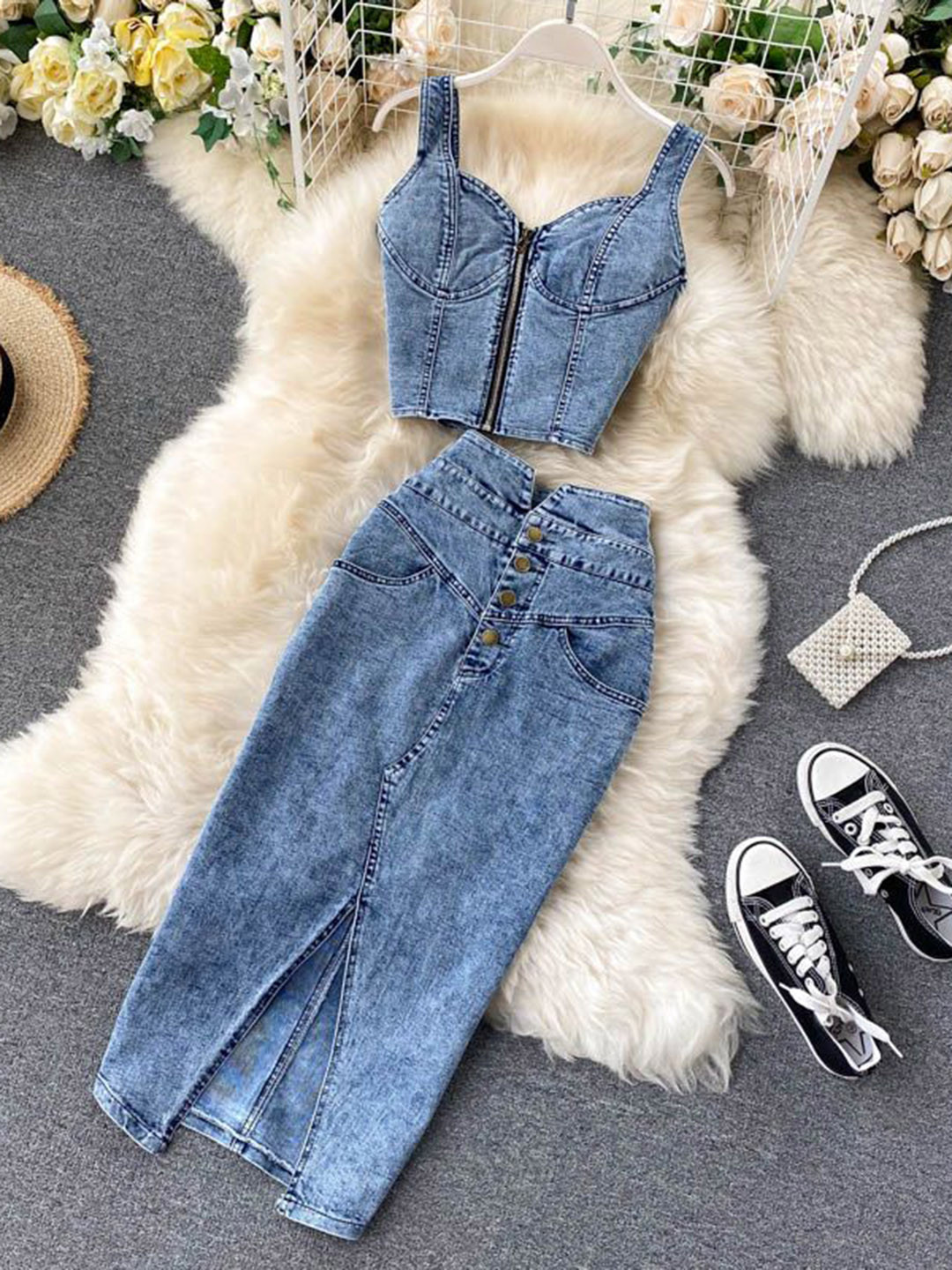 bebe Denim Bustier top with skirt co-ords