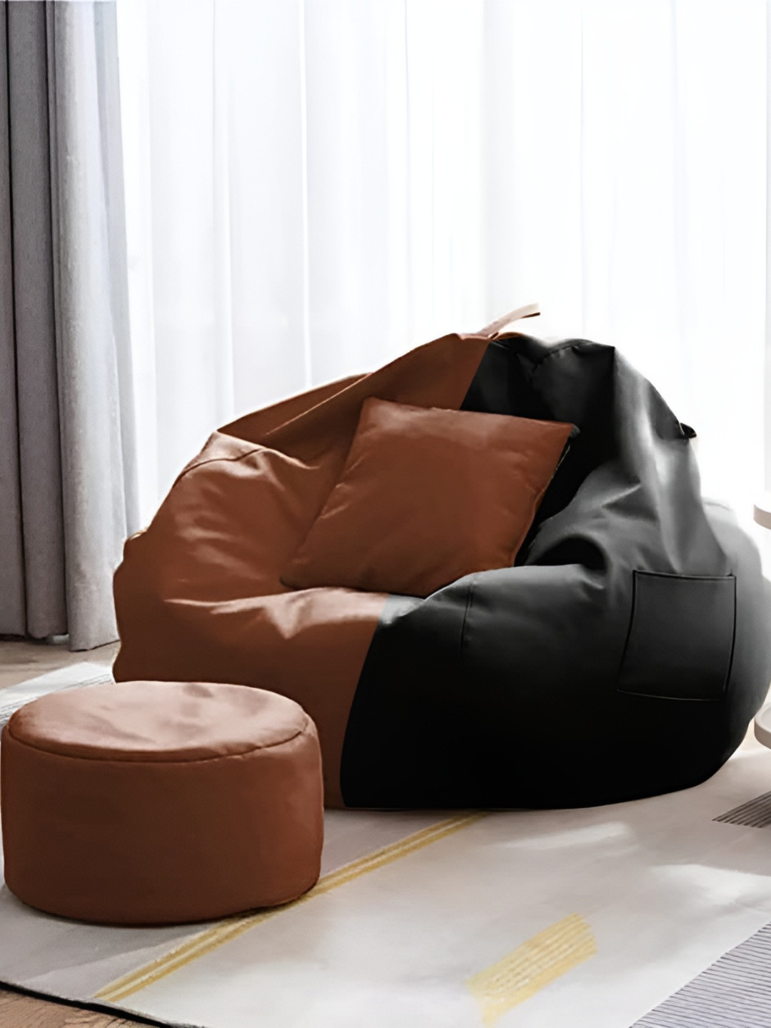 AARIJ MART Brown 3 Pieces Colourblocked Leather Bean Bag With Footrest & Cushion