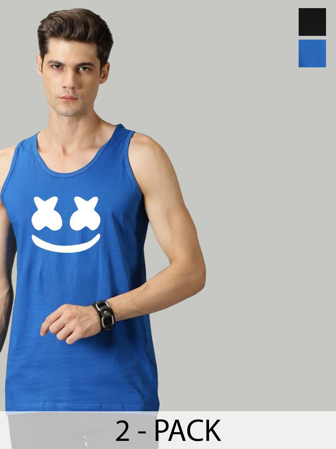 Organic Chics Pack Of 2 Printed Cotton Tank Vests RoyalMarshmellow-BlackKing_S