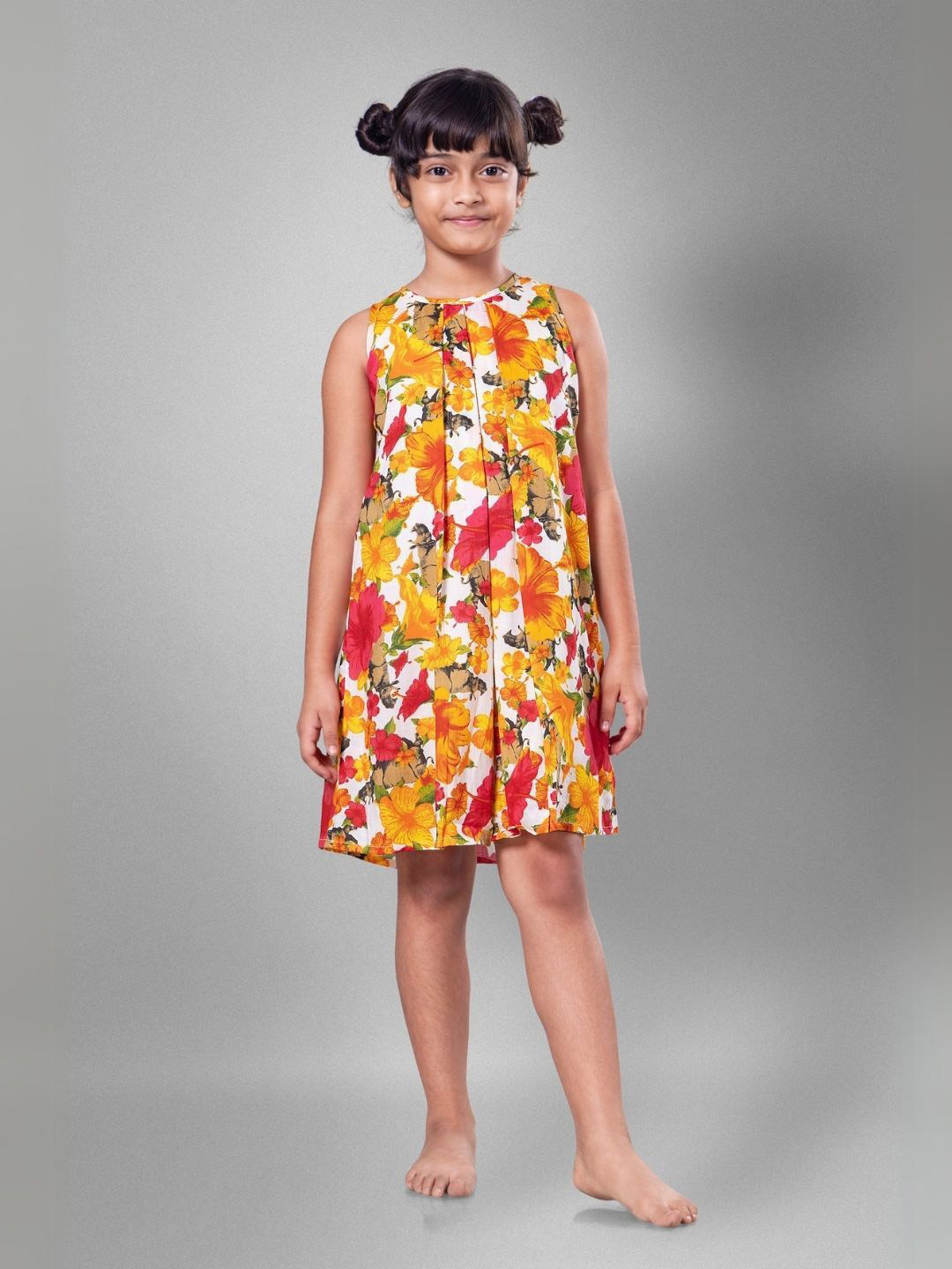 Tura Turi Girl's Floral Printed Gathered or Pleated A-Line Above Knee Dress
