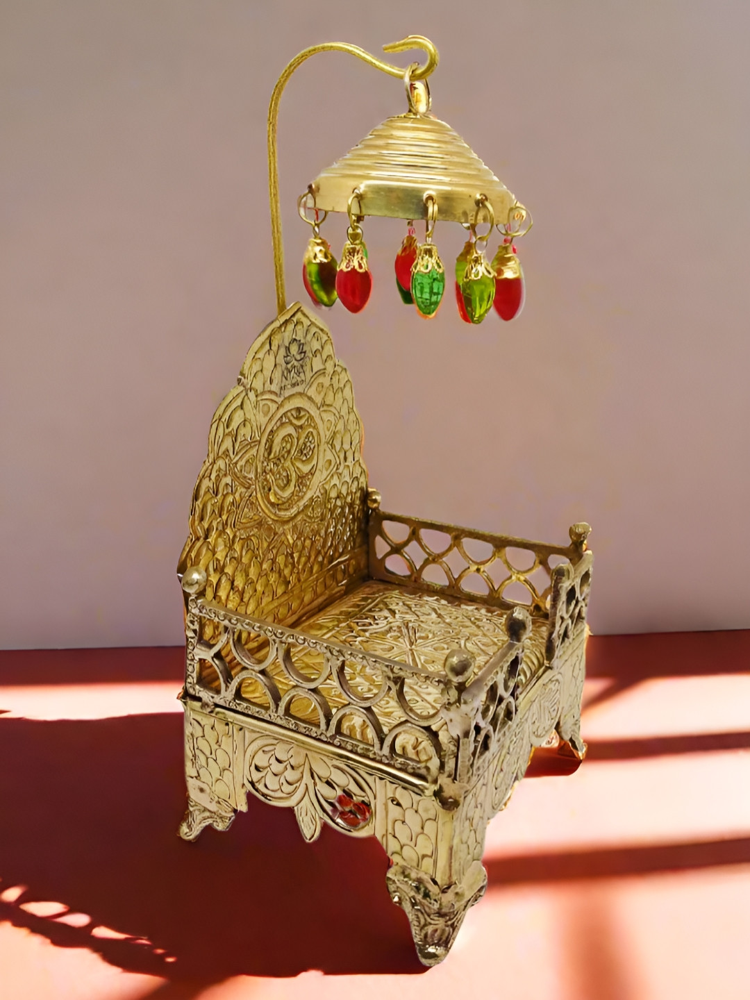 Nyra Kitchenware Gold Toned Pure Brass Large Singhasan With Decorative Chhatri & Beads