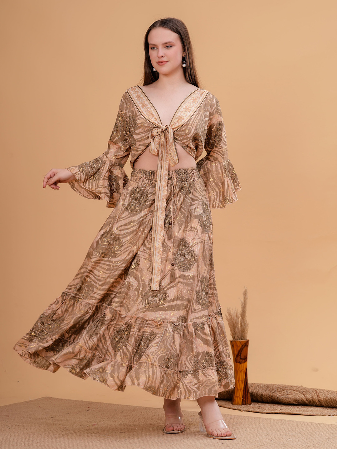 Sencei Digital Printed Ruffle Sleeve Wrap Top & Skirt Co-Ord Set