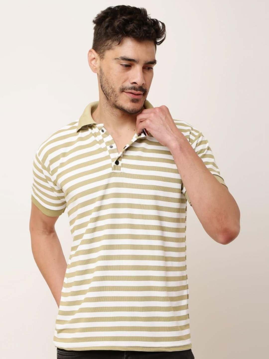 TRENDY ERA Men Striped Polo Collar Extended Sleeves Pockets T-shirt